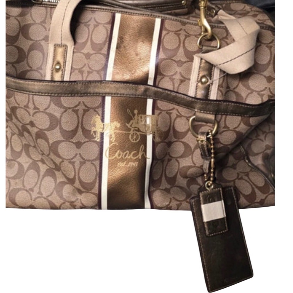 Flawed Gem! Coach Signature Heritage Stripe Pet Carrier Khaki Gold Metallic Bag - Picture 7 of 8